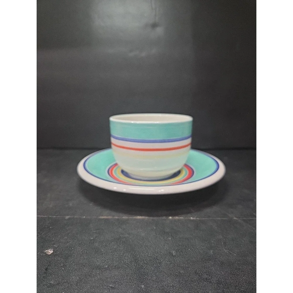 Pier 1 Turquoise Hand Painted Bright Striped Coffee Mug & Saucer, Kitchen Decor‎